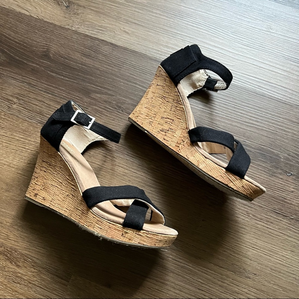 Toms Black Cork Wedges